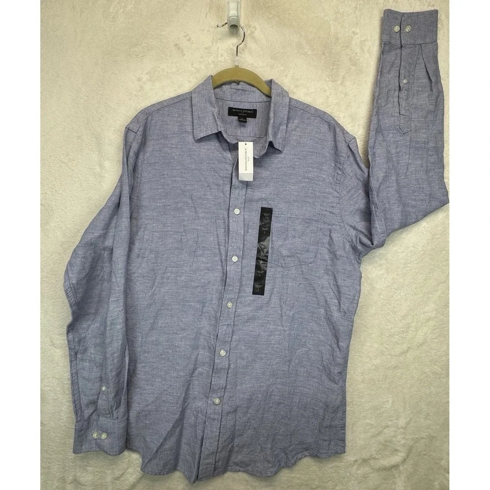 Banana Republic Linen Blend Slim Fit Shirt Men's L Blue Button Up Long Sleeve